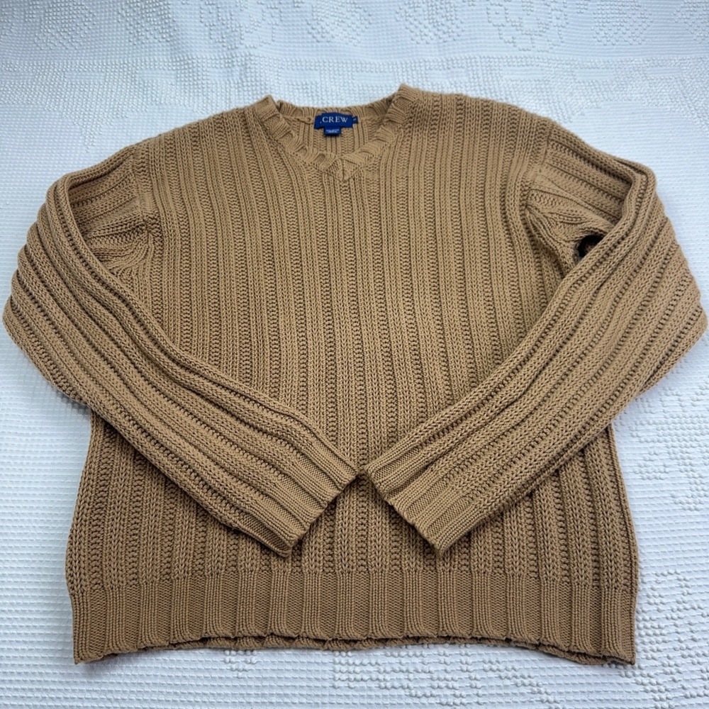 J.Crew Mens V-Neck Ribbed Knit Sweater 100% Cotton Camel Tan Brown Small 3286MAL